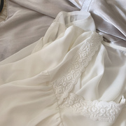 薄透仙气丝质蕾丝边衬衫性感纯y风，白色雪纺衫，荷叶短袖女夏v领宽松