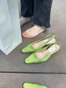法式绿色绸缎时尚尖头高跟鞋chic细跟浅口单鞋2023春心玛丽珍