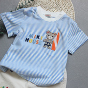 日系外贸可爱刺绣小熊纯棉短袖，蓝色条纹t恤儿童男女宝宝夏季半袖