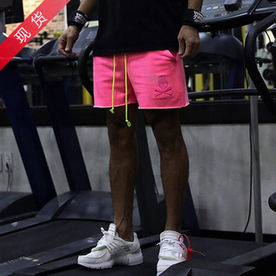 韩国夏季潮牌ins沙滩裤，荧光色骷髅头刺绣做旧运动健身流行短裤男