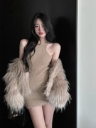 美式辣妹套装女秋冬季皮毛一体气质毛毛外套背心针织连衣裙两件套