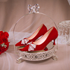 红色婚鞋绒面结婚新娘鞋珍珠蝴蝶结中式秀禾礼服鞋尖头细跟高跟鞋