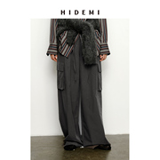 hidemi工装设计感大口袋抽绳腰带式中低腰，阔腿裤黑色灰色