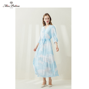 MP英伦复古原创设计 蓝天白云波西米亚雪纺很仙飘逸短袖连衣裙
