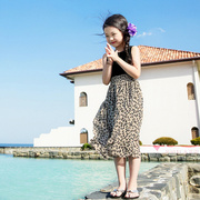 韩国童装女童夏季豹纹，拼接背心连衣裙潮，儿童气质亲子沙滩公主长裙