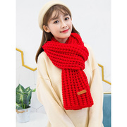 大红色韩版围巾女冬季加厚情侣本命年粗毛线，针织长款保暖围脖