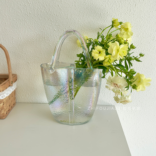 珠光色玻璃包包花瓶现代简约手提篮摆件高级客厅装饰摆件水养鲜花