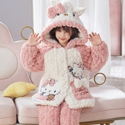 韩版小猫长款母女珊瑚，绒夹棉睡衣三层，加厚法兰绒保暖亲子装家居服