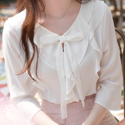 衬衣系带法式复古上衣白衬衫，女设计感小众，韩版超仙洋气雪纺娃娃衫