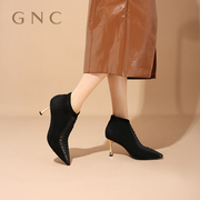 gnc高跟时尚短靴，女2023冬尖头细跟真皮新中式风系带新潮短靴