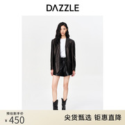 DAZZLE地素 奥莱黑色高级感松紧腰设计休闲直筒皮裤短裤女