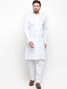 印度进口服饰男装上衣民族风服饰纯棉中长款长袖衬衣 白色