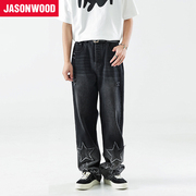 Jasonwood/坚持我的春秋渐变拼接星星牛仔裤美式设计潮流直筒长裤