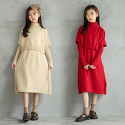 秋冬女童连衣裙套装中大儿童时髦洋气针织毛衣裙子披肩背心两件套