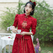 新中式敬酒服酒红色旗袍，改良刺绣服夏季七分袖盘扣两件套