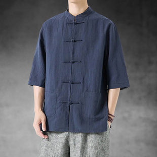 新中式男装亚麻短袖衬衫，男夏季民国风汉服，道袍外套中山装唐装马褂