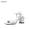 jooc玖诗夏季一字带，粗高跟凉鞋，女金属装饰时尚高跟鞋6018