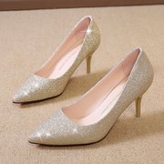 香槟金银色高跟鞋女2024年细跟中跟7cm仙女水晶伴娘礼服新娘婚鞋5