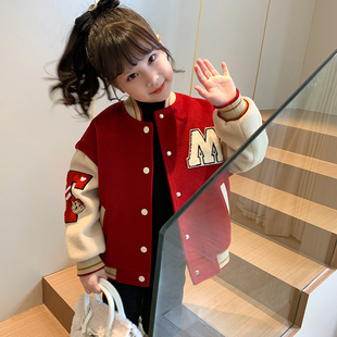女童棒球服儿童夹棉加厚保暖外套冬装2023洋气女孩韩版红色