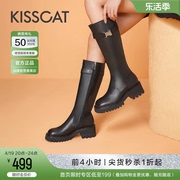 接吻猫春季骑士靴，机能长筒靴舒适真皮方头，粗高跟时装靴女