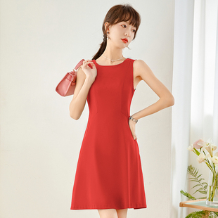 红色无袖职业连衣裙女夏季气质售楼部前台，正装工作服内搭背心裙子