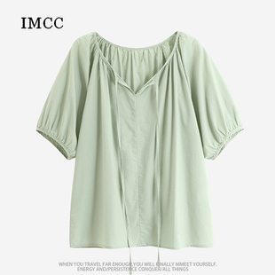 imcc设计感小众简约复古系带，短袖纯棉v领衬衫女宽松休闲套头上衣