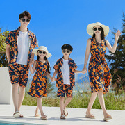 海边度假家庭亲子装2024夏一家三四口父女父子印花衬衫母女裙