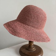 拉菲草手工编织精致粉色女士草帽遮阳帽防晒帽透气不闷头可折叠夏