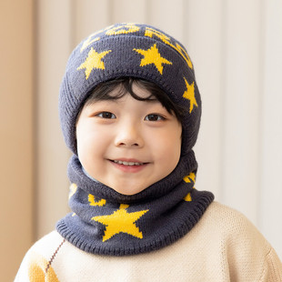 儿童帽子围巾两件套男童冬季加绒毛线，帽女童保暖护耳帽宝宝套头帽