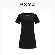 pxyz24ss拼接针织黑色碎钻log短袖基础，通勤休闲连衣裙a字打底裙