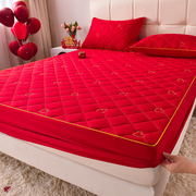 结婚夹棉床笠三件套防滑床垫保护套，新婚庆(新婚庆，)床品大红色床单床罩