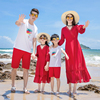 海边度假亲子装一家三口母女装沙漠红色连衣裙，沙滩裙洋气带袖长裙