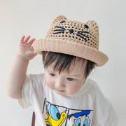 婴儿镂空草帽夏季遮阳可爱小熊帽子6个月婴幼儿宝宝防风渔夫帽六8