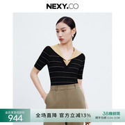 nexy.co奈蔻2024年春季时尚，复古海军领条纹，短袖套头针织衫女