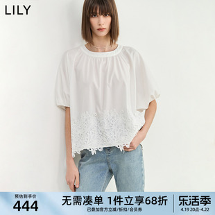 lily2024夏女装(夏女装)设计感蕾丝拼接气质，通勤款优雅时尚雪纺衫上衣