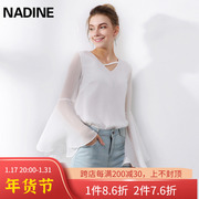 nadine春季韩版银丝Ⅴ领荷叶袖，雪纺衫白色，长袖衬衫女上衣衬衣