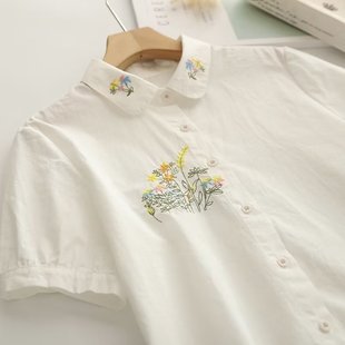 小清新白色短袖衬衫女宽松2023夏装百搭纯棉，刺绣小花半袖衬衣