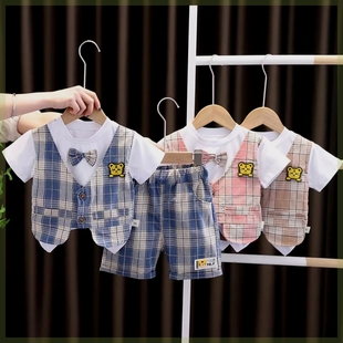 俊巴拉宝宝夏季短袖小孩衣服男童夏装套装婴儿开衫外套韩国风洋气