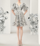 越南小众设计师女装春夏季水墨画印花泡泡袖气质连衣短裙