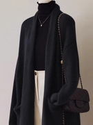 黑色针织开衫女秋冬法式外搭宽松慵懒风，高级感气质中长款毛衣外套