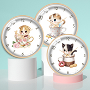 可爱卡通茶杯猫挂钟，超静音挂表客厅，创意实木挂钟猫咖时钟木质钟表