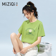 米子旗绿色短袖t恤女2024夏季韩系正肩，宽松大码女装纯棉上衣