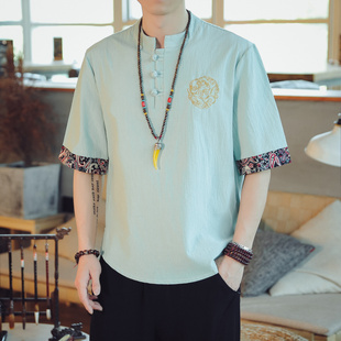 亚麻短袖t恤男夏季半袖，中国风体恤唐装，复古胖子棉麻套装男装衣服