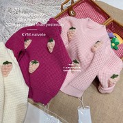 韩系女童葡萄立体菠萝纹毛衣，套头玫粉色，宝宝甜美针织外套秋冬