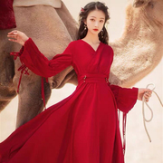 红色沙漠旅游度假裙子复古长袖连衣裙云南民族风女装拍照长裙仙女