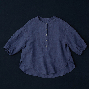 西河自制原创立领亚麻上衣七分袖水洗宽松休闲套头衬衫