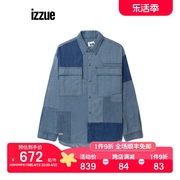 izzue男装补丁布贴牛仔衬衫2023冬季复古时尚型男8503F3L