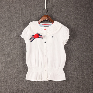 欧美夏季 女童娃娃领排扣薄款类裙泡泡袖纯棉短T恤 93D-2-3
