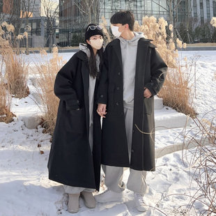 情侣外套秋冬款，2023韩版翻领中长款毛呢大衣，男女同款冬季加厚