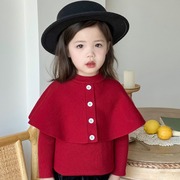 韩系女童红色毛衣2024儿童假两件斗篷上衣女宝宝可爱针织衫潮